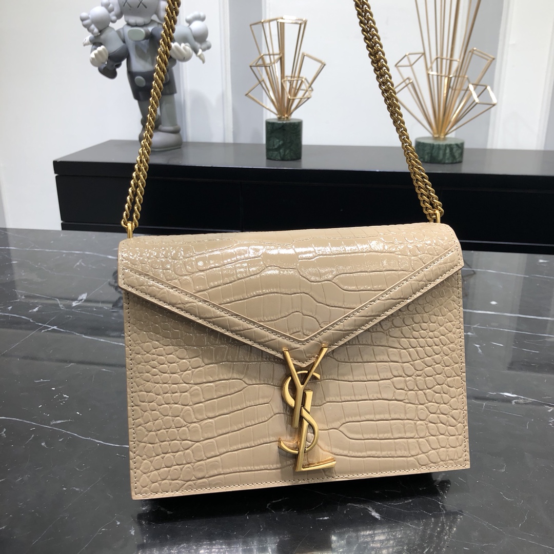 Saint Laurent Cassandera Medium Crocodile Embossed Bright Calfskin Shoulder Bag Light Apricot 532750